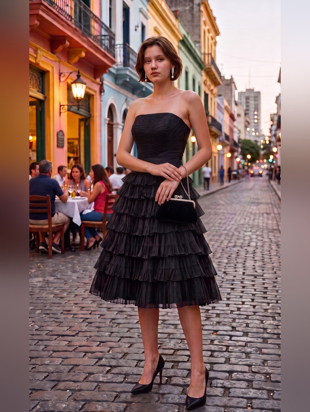 Mon Cheri Evenings Vintage Couture Ruched Strapless Pleated Ruffles Midi Dress
